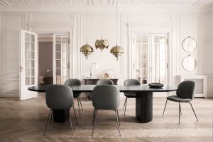 Leuchte Randaccio, Stuhl Beetle, Tisch Moon und Leuchte BL1 (© Gubi)