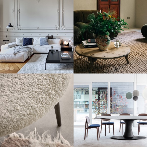 Collage neuer Showroom-Produkte: Sofa Living Divani, Sessel Vipp, Akkuleuchte Bocci und Tisch Zeitraum