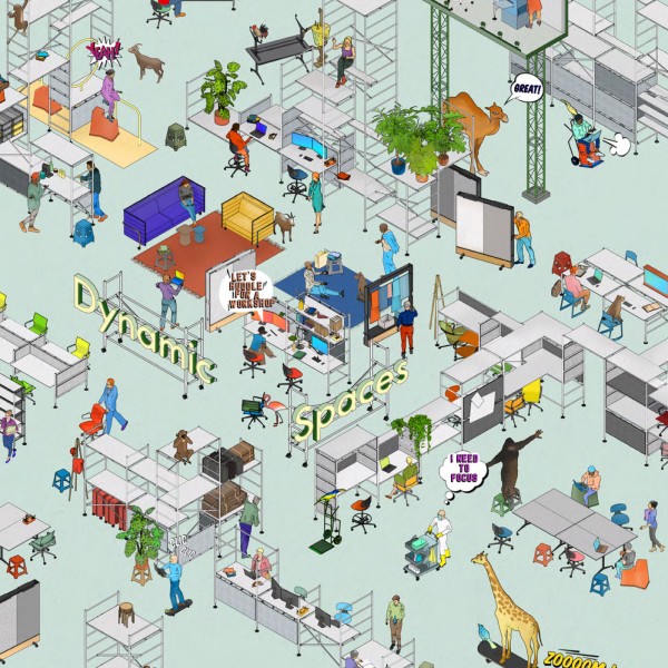 Farbenfrohe Illustration eines wandelbaren Büros mit Scaffolding-Systemen und skurrilen Tieren