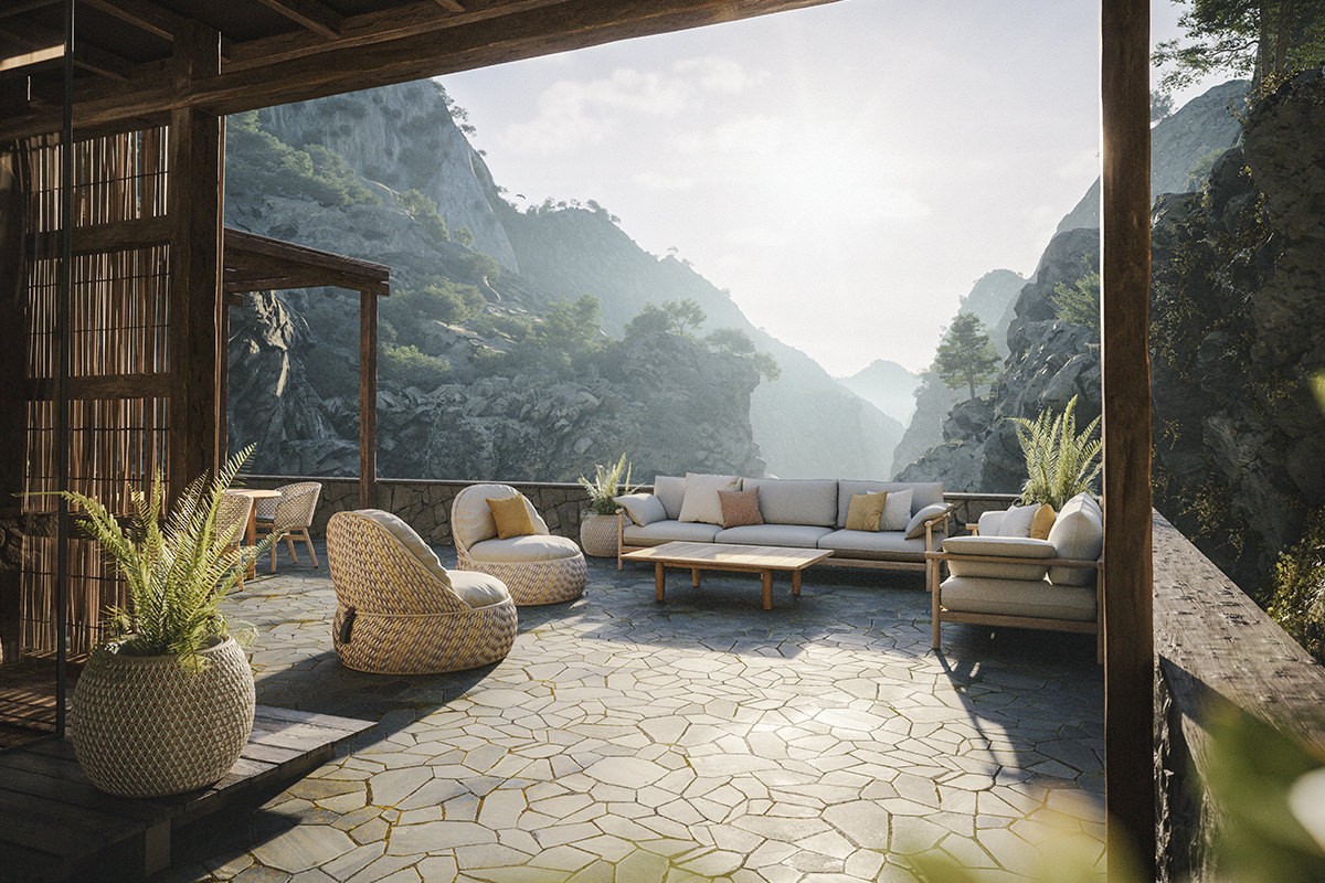 Luxuriöse Terrasse mit Dedon Dala Sesseln und Tibbo Sofa, umgeben von einer atemberaubenden Berglandschaft.